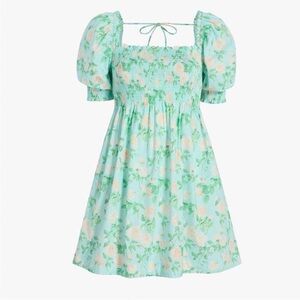 Smocked Puff-Sleeve Mini Dress in Mint Floral